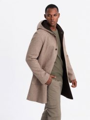 Melanżowy męski długi płaszcz z kapturem – szary V1 OM-COWC-0122 - XXL. Niebieskie płaszcze męskie Ombre Clothing, na zimę, l, bez wzorów, z materiału, eleganckie. Za 359.99 zł.