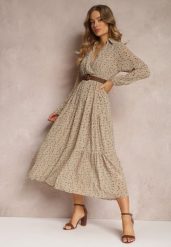 Beżowa Sukienka Rozkloszowana w Kwiaty z Paskiem Rakhila. Brązowe sukienki damskie Renee, na co dzień, l, bez wzorów, eleganckie, bez kołnierzyka, bez ramiączek, maxi, rozkloszowane. W wyprzedaży za 104.99 zł.