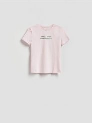 T-shirt z nadrukiem - pastelowy róż. Czerwone t-shirty damskie Reserved, l, bez wzorów, z bawełny, bez kołnierzyka. Za 35.99 zł.