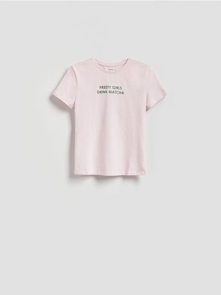 T-shirt z nadrukiem - pastelowy róż. Czerwone t-shirty damskie Reserved, l, bez wzorów, z bawełny, bez kołnierzyka. Za 35.99 zł.