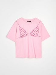 Bawełniana koszulka z krótkim rękawem i nadrukiem - begonia. T-shirty damskie Sinsay, l, bez wzorów, z bawełny, bez kołnierzyka. Za 25.99 zł.