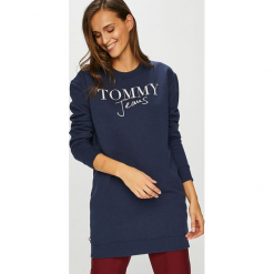 Tommy Jeans - Sukienka. Niebieskie sukienki damskie Tommy Jeans, na co dzień, l, z aplikacjami, z bawełny, casualowe, bez kołnierzyka, bez ramiączek, maxi, proste. W wyprzedaży za 319.90 zł.