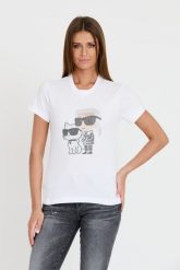KARL LAGERFELD Biały t-shirt Ikonik 2.0. Białe t-shirty damskie Karl Lagerfeld, xs, bez wzorów, bez kołnierzyka. W wyprzedaży za 217.99 zł.