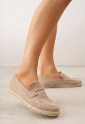 Ciemnobeżowe Mokasyny z Plecionką w Stylu Boho Galenatea. Brązowe mokasyny damskie Renee, z jeansu. Za 69.99 zł.