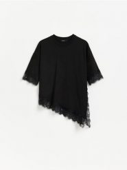 T-shirt z koronką - czarny. Czarne t-shirty damskie Reserved, l, bez wzorów, z bawełny, bez kołnierzyka. Za 89.99 zł.