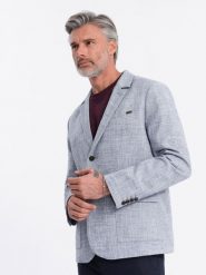 Marynarka męska o kroju REGULAR z lnem - jasnoniebieska V3 OM-BLZB-0128 - XL. Niebieskie marynarki męskie Ombre Clothing, bez wzorów, z materiału. W wyprzedaży za 249.99 zł.
