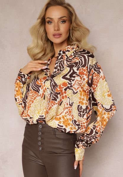 Brązowo-Żółta Koszula z Abstrakcyjnym Wzorem w Etno Stylu Agresse. Brązowe koszule damskie Renee, na lato, m, bez wzorów, eleganckie, bez kołnierzyka, bez ramiączek. Za 89.99 zł.