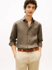 Tommy Hilfiger Tailored koszula lniana Mężczyźni Slim Fit len zielony, M. Zielone koszule męskie Tommy Hilfiger Tailored, m, bez wzorów, ze lnu, bez kołnierzyka, bez ramiączek. Za 479.95 zł.