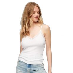 Damski prążkowany podkoszulek z bawełny organicznej z koronkowym wykończeniem Su. Białe bielizna termoaktywna damska Superdry., bez wzorów, z bawełny. Za 107.05 zł.