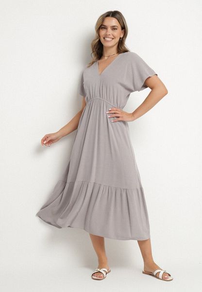 Szara Sukienka z Lnem i Wiskozą Ozdobiona Wiązaniem Elliova. Szare sukienki damskie Born2be, na co dzień, na lato, l, bez wzorów, z wiskozy, bez kołnierzyka, bez ramiączek, rozkloszowane. Za 119.99 zł.