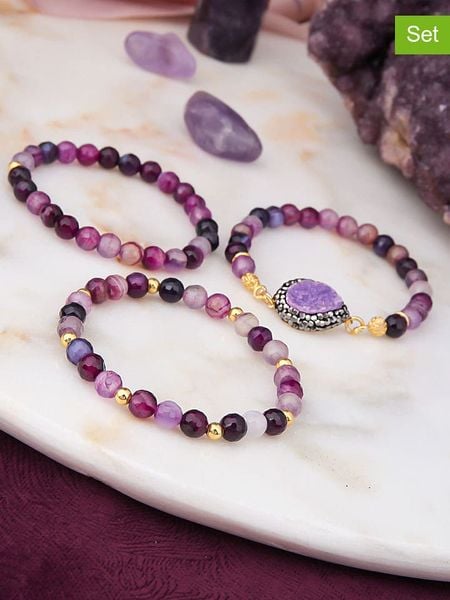 L'Atelier de Gaia Pozłacane bransoletki (3 szt.) z agatami rozmiar: onesize. Różowe bransoletki damskie L'Atelier de Gaia, pozłacane. Za 69.99 zł.