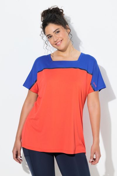 Damskie Bluzka funkcyjna oversize dekolt karo rękaw 1/2. Czerwone bluzki sportowe damskie Ulla Popken, plus size, z elastanu, bez kołnierzyka, bez ramiączek. Za 179.99 zł.