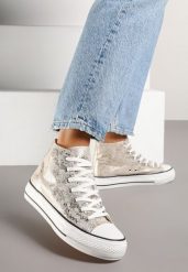 Złote Trampki z Wysoką Tłoczoną Cholewką Willevia. Żółte trampki i tenisówki damskie Renee, bez wzorów, z jeansu, przed kolano. Za 74.99 zł.