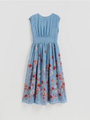 Sukienka midi w kwiaty - wielobarwny. Sukienki damskie Reserved, l, bez wzorów, z tkaniny, bez kołnierzyka, bez ramiączek, midi, rozkloszowane. Za 199.99 zł.