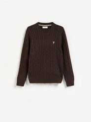Sweter z haftem - ciemnobrązowy. Brązowe swetry męskie Reserved, l, bez wzorów, z bawełny, bez kołnierzyka. Za 149.99 zł.