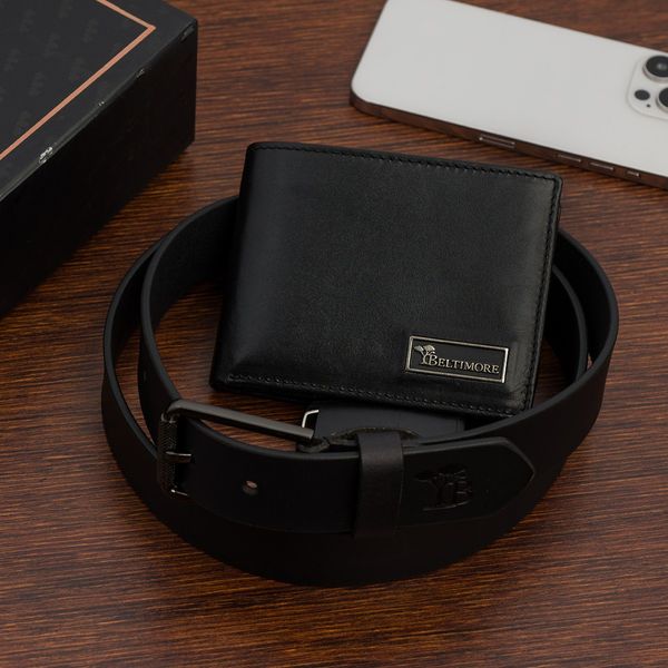 Zestaw prezentowy męski skórzany pasek portfel pudełko premium czarny Beltimore Z20. Czarne paski męskie bez wzorów. Za 129.99 zł.