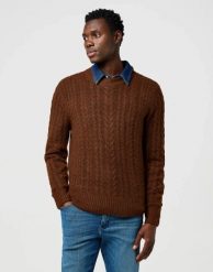 MESKI SWETER WRANGLER CABLE KNIT SWEATER MAHOGANY HEATHER 112371665. Brązowe swetry męskie Wrangler, l, bez wzorów, bez kołnierzyka. Za 199.99 zł.