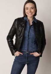 Czarna Przejściowa Kurtka Taliowana Ramoneska bez Kołnierzyka Nissanea. Czarne kurtki damskie Born2be, l, bez wzorów, z poliesteru, bez kaptura. Za 119.99 zł.