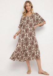 Brązowa Sukienka z Bawełną w Abstrakcyjny Wzór Filindela. Brązowe sukienki damskie Born2be, na co dzień, l, z aplikacjami, z bawełny, eleganckie, bez kołnierzyka, bez ramiączek, midi. W wyprzedaży za 51.99 zł.