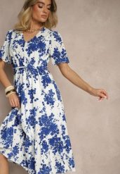 Niebieska Bawełniana Sukienka Rozkloszowana Ażurowa w Kwiatowy Print Velbia. Niebieskie sukienki damskie Renee, na co dzień, na lato, l, w ażurowe wzory, z bawełny, eleganckie, bez kołnierzyka, bez ramiączek, midi, proste. Za 129.99 zł.