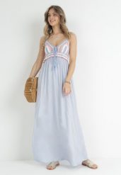 Jasnoniebieska Sukienka Wing In. Niebieskie sukienki damskie Born2be, na lato, m, z aplikacjami, z bawełny, bez kołnierzyka, bez ramiączek, maxi. Za 89.99 zł.