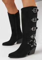 Czarne Kozaki na Stożku z Ozdobnymi Klamrami Isadore. Czarne kozaki damskie Born2be, z jeansu, bez obcasa, na obcasie. Za 189.99 zł.