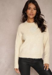 Beżowy Sweter z Wełną z Ozdobnymi Cyrkoniami Nomila. Brązowe swetry klasyczne damskie Renee, uniwersalny, z jeansu, bez kołnierzyka. Za 109.99 zł.