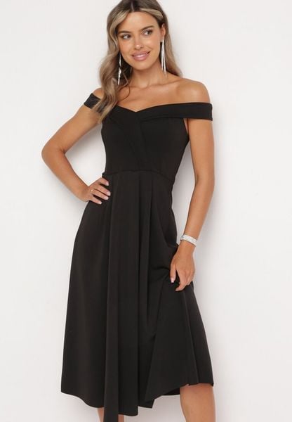 Czarna Elegancka Sukienka o Fasonie Hiszpanki z Materiałowym Paskiem Xaelia. Czarne sukienki damskie Born2be, na spotkanie biznesowe, s, bez wzorów, z materiału, eleganckie, bez kołnierzyka, bez ramiączek, midi. Za 139.99 zł.