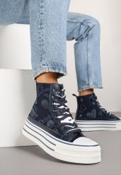 Granatowe Trampki na Platformie z Wysoką Cholewką i Wzorem Serc Aviriss. Niebieskie trampki i tenisówki damskie Renee, bez wzorów, z jeansu, przed kolano. Za 79.99 zł.
