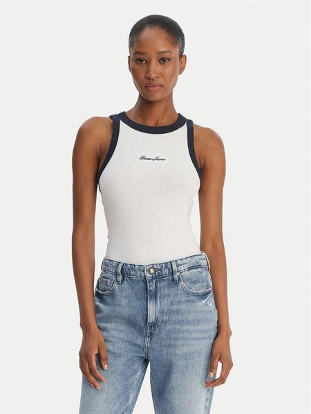 Guess Jeans Top W6GPZ8 KF641 Biały Slim Fit. Białe topy damskie Guess Jeans, xs, z aplikacjami, z bawełny, bez ramiączek. Za 159.99 zł.