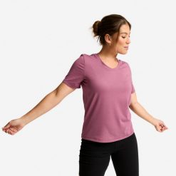 Koszulka fitness damska dekolt V. Fioletowe topy sportowe damskie Decathlon, s, bez wzorów, z bawełny, bez ramiączek. Za 44.99 zł.
