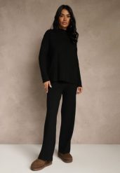 Czarny Komplet Dzianinowy Spodnie o Szerokim Kroju i Sweter Półgolf Datusa. Czarne spodnie materiałowe damskie Renee, bez wzorów, z dzianiny, eleganckie. Za 159.99 zł.