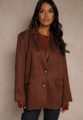 Brązowa Oversizowa Marynarka w Stylu Retro Zenorela. Brązowe marynarki i żakiety damskie Renee, l, z aplikacjami, z jeansu, eleganckie. Za 249.99 zł.