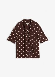 Bluzka z krawatką. Fioletowe bluzki damskie bonprix, bez wzorów, eleganckie, bez kołnierzyka, bez ramiączek. Za 79.99 zł.