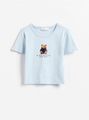 T-shirt z nadrukiem - jasnoniebieski. Niebieskie koszulki dziewczęce Reserved, bez wzorów, z bawełny, bez ramiączek. Za 39.99 zł.