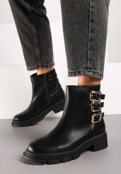 Czarne Płaskie Botki Ozdobione Tłoczeniem i Klamrami Ivaniael. Czarne botki damskie Born2be, z jeansu, eleganckie, bez obcasa, na obcasie, bez zapięcia. Za 139.99 zł.