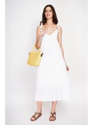 ASSUILI Lniana sukienka w kolorze białym rozmiar: 38. Białe sukienki damskie Assuili, bez wzorów, ze lnu, bez kołnierzyka, bez ramiączek, maxi, rozkloszowane. Za 130.99 zł.