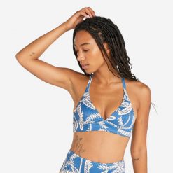 Góra kostiumu kąpielowego surfingowego damska Olaian Bea Palmer. Niebieskie bikini damskie Decathlon, bez wzorów. Za 49.99 zł.