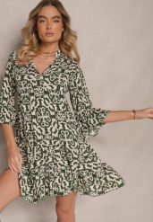 Zielona Sukienka Bawełniana o Rozkloszowanym Kroju w Etniczny Print Zalivine. Zielone sukienki damskie Renee, na co dzień, na lato, l, z aplikacjami, z bawełny, eleganckie, bez kołnierzyka, bez ramiączek, mini, rozkloszowane. W wyprzedaży za 41.99 zł.