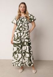 Ciemnozielona Wiskozowa Sukienka z Bufiastymi Rękawami w Abstrakcyjny Wzór Tibee. Zielone sukienki damskie Born2be, na co dzień, uniwersalny, bez wzorów, z jeansu, eleganckie, bez kołnierzyka, bez ramiączek, maxi, proste. Za 89.99 zł.