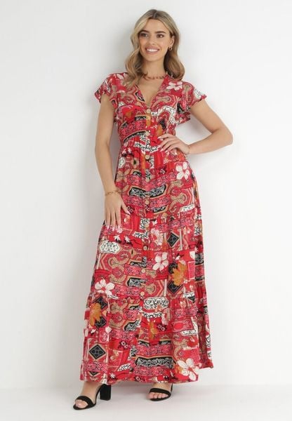 Czerwona Sukienka Maxi z Wiskozy z Gumką w Talii i Guzikami Nyllu. Czerwone sukienki damskie Born2be, l, z aplikacjami, z wiskozy, bez kołnierzyka, bez ramiączek, maxi. Za 79.99 zł.