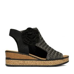 Sandały Rieker. Czarne sandały damskie Rieker, bez wzorów, bez obcasa, na koturnie. Za 359.99 zł.