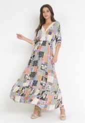 Szaro-Czarna Rozkloszowana Sukienka Maxi w Patchworkowy Wzór Daliah. Szare sukienki damskie Born2be, l, z aplikacjami, bez kołnierzyka, bez ramiączek, maxi, rozkloszowane. W wyprzedaży za 103.99 zł.