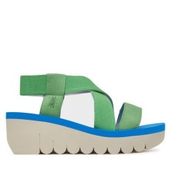 Sandały Fly London. Zielone sandały damskie Fly London, bez wzorów, bez obcasa, na koturnie. Za 289.99 zł.