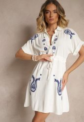 Biała Koszulowa Sukienka z Bawełny Ozdobiona Sznurkiem i Haftami Ronara. Białe sukienki damskie Renee, na co dzień, na lato, l, bez wzorów, z bawełny, bez kołnierzyka, bez ramiączek, mini, koszulowe. W wyprzedaży za 97.99 zł.
