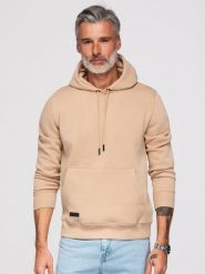 Dresowa męska bluza kangurka z kapturem BASIC – beżowa V6 - Rozmiar: S. Brązowe bluzy z kapturem męskie Ombre Clothing, m, z dresówki. W wyprzedaży za 109.99 zł.