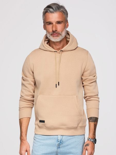 Dresowa męska bluza kangurka z kapturem BASIC – beżowa V6 - Rozmiar: S. Brązowe bluzy z kapturem męskie Ombre Clothing, m, z dresówki. W wyprzedaży za 109.99 zł.