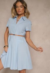 Niebieska Sukienka Koszulowa z Cienkim Paskiem w Talii Weolessa. Niebieskie sukienki damskie Renee, na co dzień, na lato, l, bez wzorów, z jeansu, eleganckie, bez kołnierzyka, bez ramiączek, mini, koszulowe. Za 109.99 zł.
