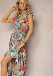 Niebiesko-Różowa Sukienka z Asymetrycznym Rozkloszowanym Dołem z Falbanką i Gumką w Talii Luare. Niebieskie sukienki damskie Renee, na co dzień, m, bez wzorów, eleganckie, z asymetrycznym kołnierzem, bez ramiączek, maxi, asymetryczne. W wyprzedaży za 79.99 zł.