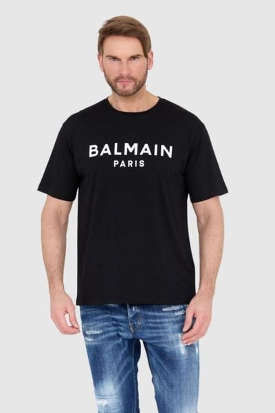 BALMAIN Czarny t-shirt męski z logo, Rozmiar L. Czarne t-shirty męskie Balmain, l, bez wzorów, bez kołnierzyka. W wyprzedaży za 1,719.99 zł.